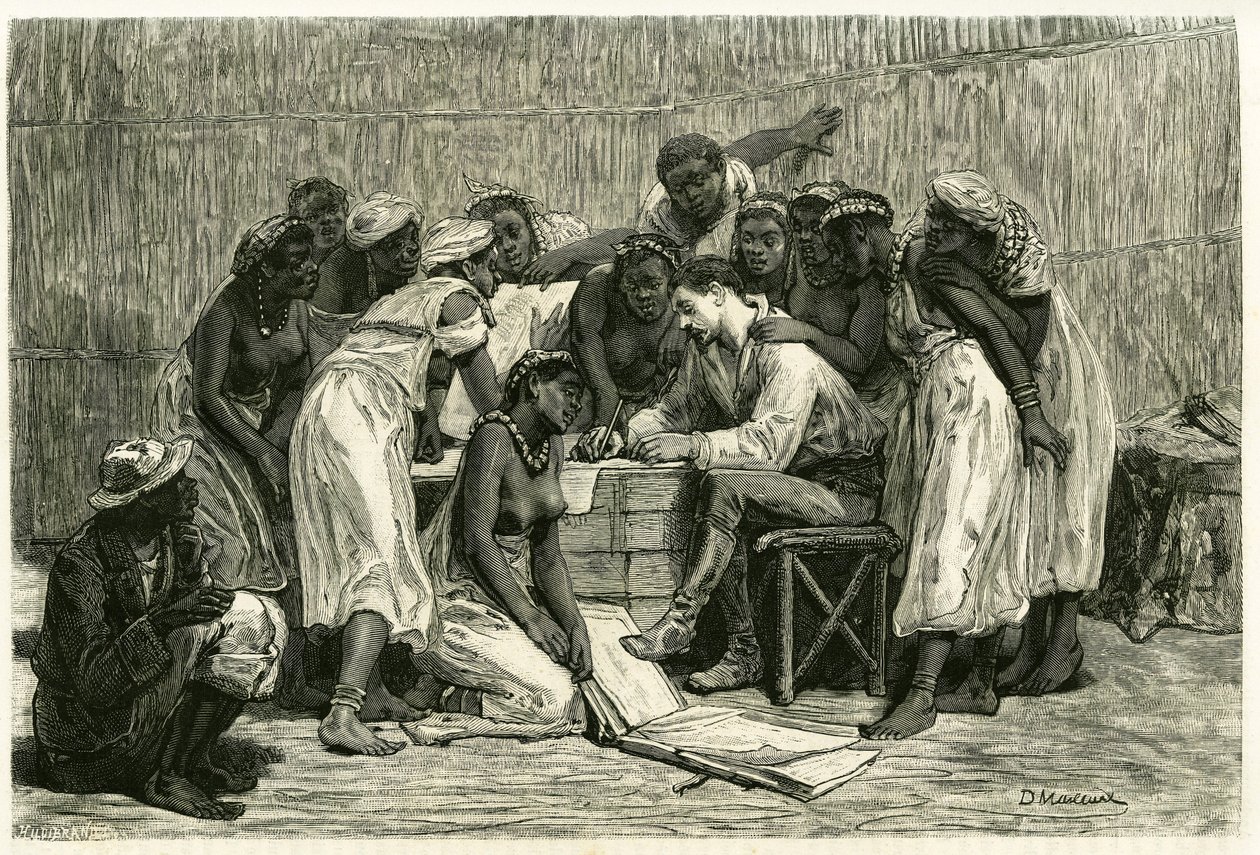 A visita das rainhas, as dezasseis esposas do Rei Sepopo, na caixa do Dr. Holub. Gravura de D.Maillard, para ilustrar a história "Au pays des Marutses", em 1875-1879, do Dr. Emile Holub (1847-1902). Publicado no Tour du monde, 2º semestre de 1883, editado de French School