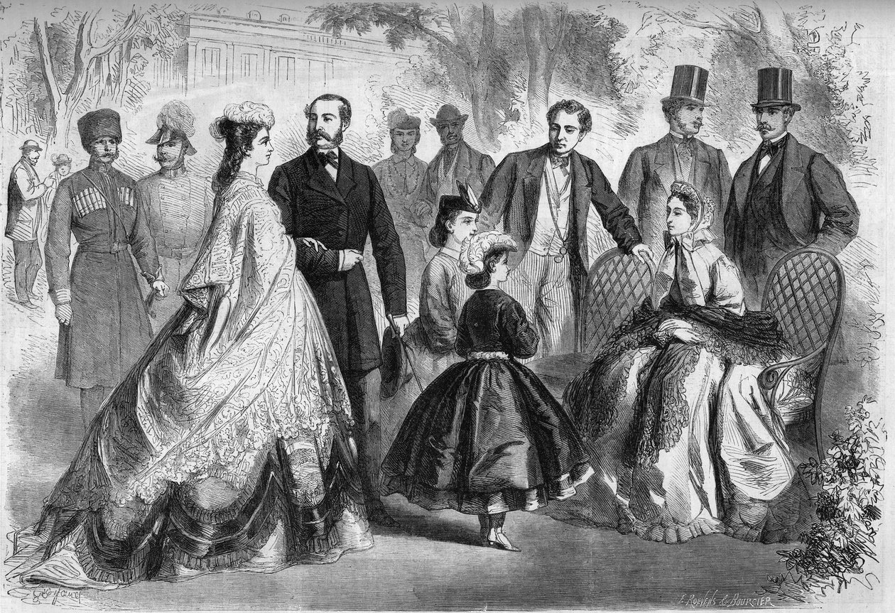 A estação da água em Kissengen, Alemanha, em 1864. Presentes, da esquerda para a direita: Elisabeth de Wittelsbach (Sissi) (1837-1898) Impressão da Áustria, Alexandre II (1818-1881) Imperador da Rússia, Luís II (1845-1886) Rei de Baviere, Maria Alexandrovn de French School