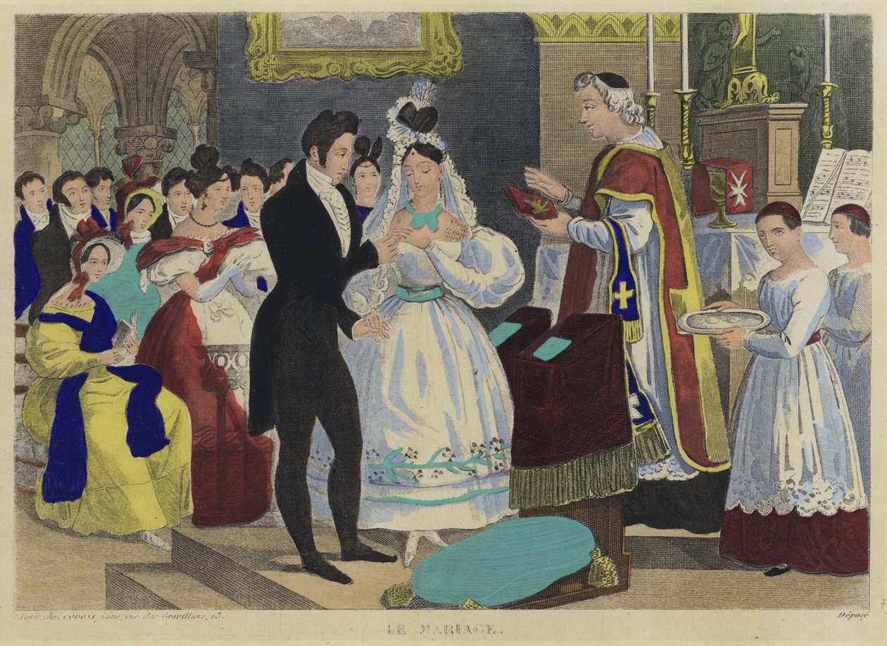 O casamento (litografia a cores) de French School