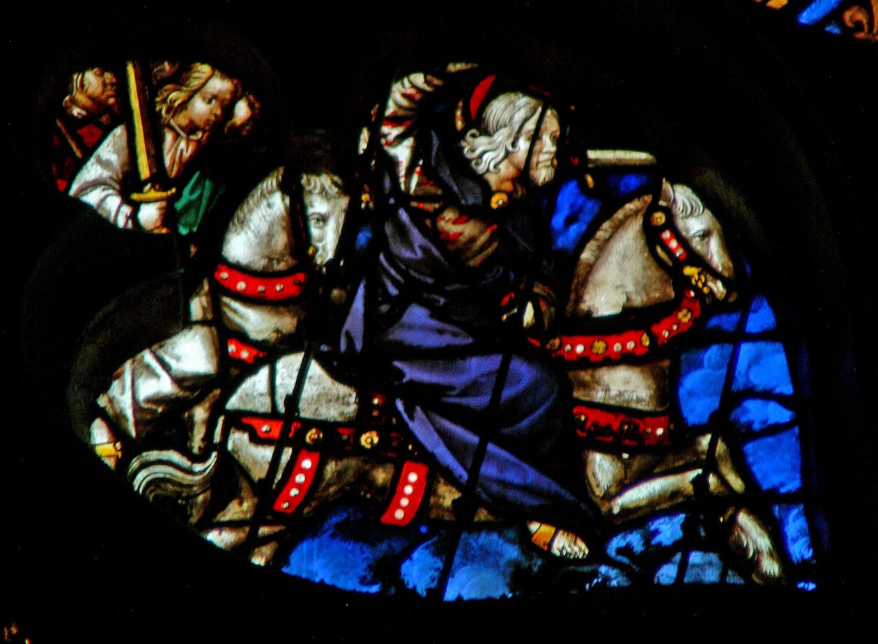 A rosácea oeste retratando uma cena do livro do Apocalipse: Fiel e verdadeiro, o rei dos reis num cavalo branco, com dois outros guerreiros para trás (19: 11-16) de French School