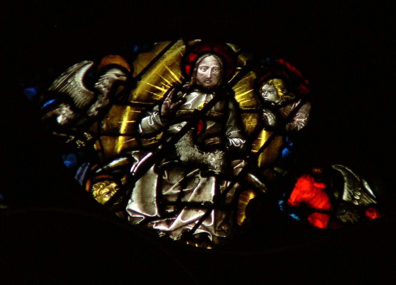 A rosácea oeste representando uma cena do livro do Apocalipse: cordeiro diante do trono, entre as quatro criaturas vivas e sagradas (7: 9-12). de French School
