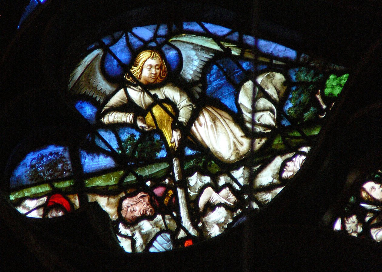 A rosácea oeste retratando uma cena do livro do Apocalipse: o terceiro frasco é derramado sobre os rios e córregos 16: 4-6). de French School