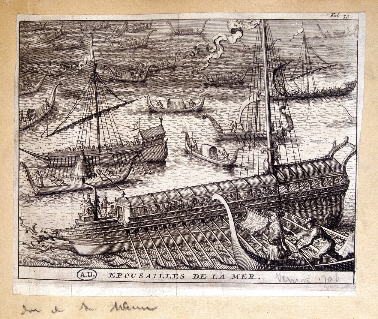 As esposas dos Doges de Veneza com o mar em 1706 - gravura de French School