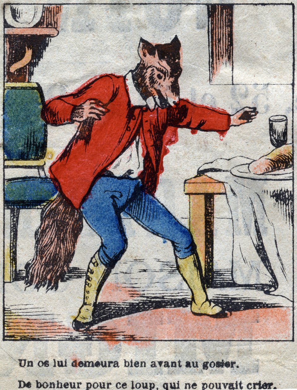 O lobo e a cegonha. Fábulas de Jean de La Fontaine (1621-95). Imagens epinais do final do século XIX. de French School