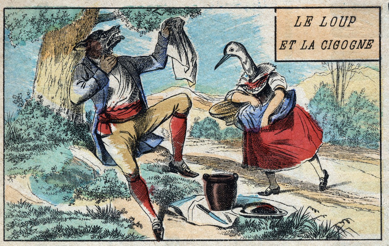 O lobo e a cegonha. Fábulas de Jean de La Fontaine (1621-95). Imagens epinais do final do século XIX. de French School