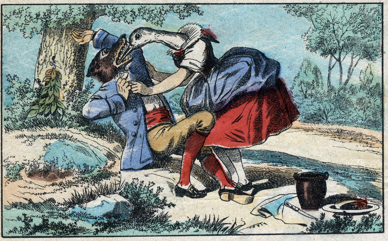 O lobo e a cegonha. Fábulas de Jean de La Fontaine (1621-95). Imagens epinais do final do século XIX. de French School