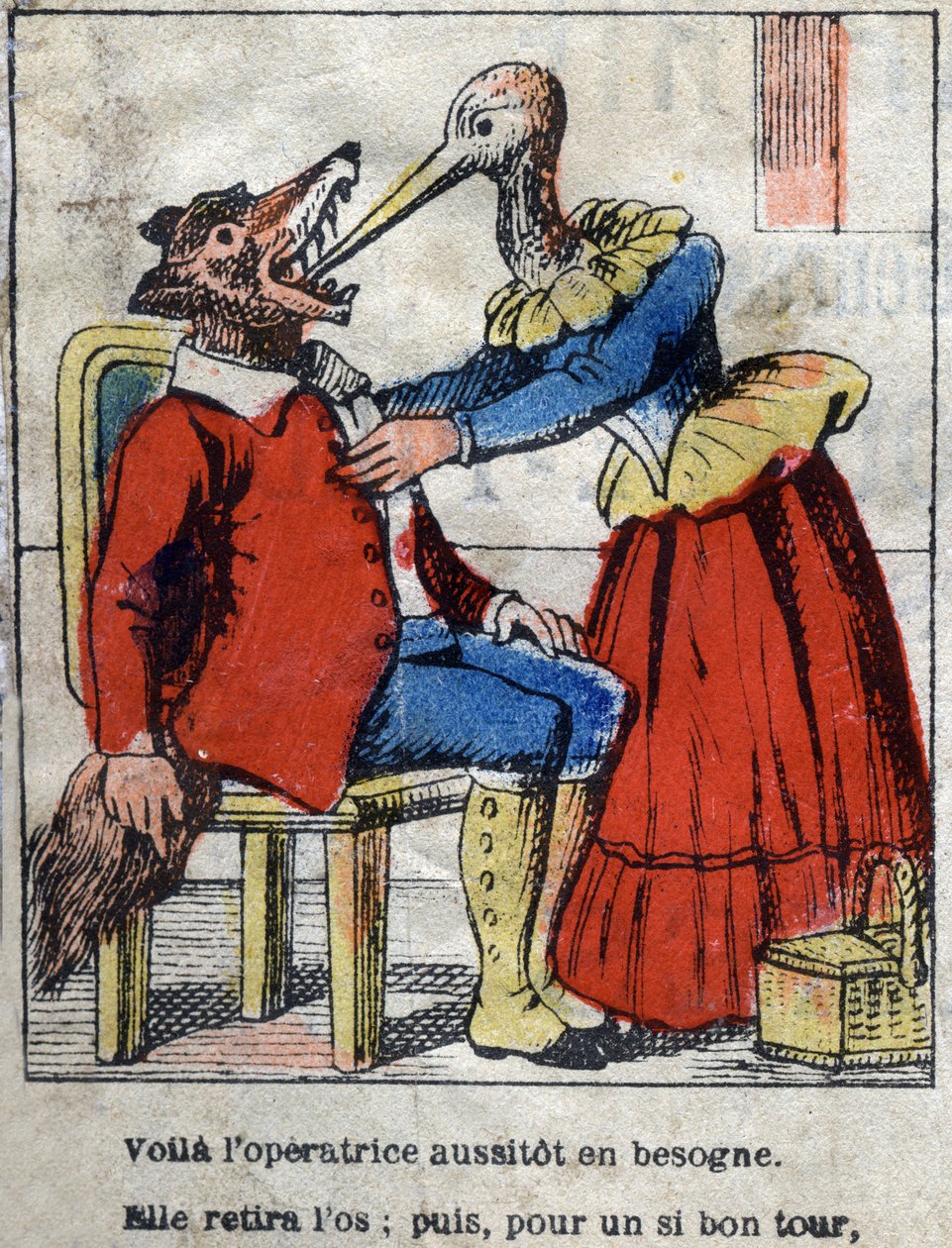 O lobo e a cegonha. Fábulas de Jean de La Fontaine (1621-95). Imagens epinais do final do século XIX. de French School