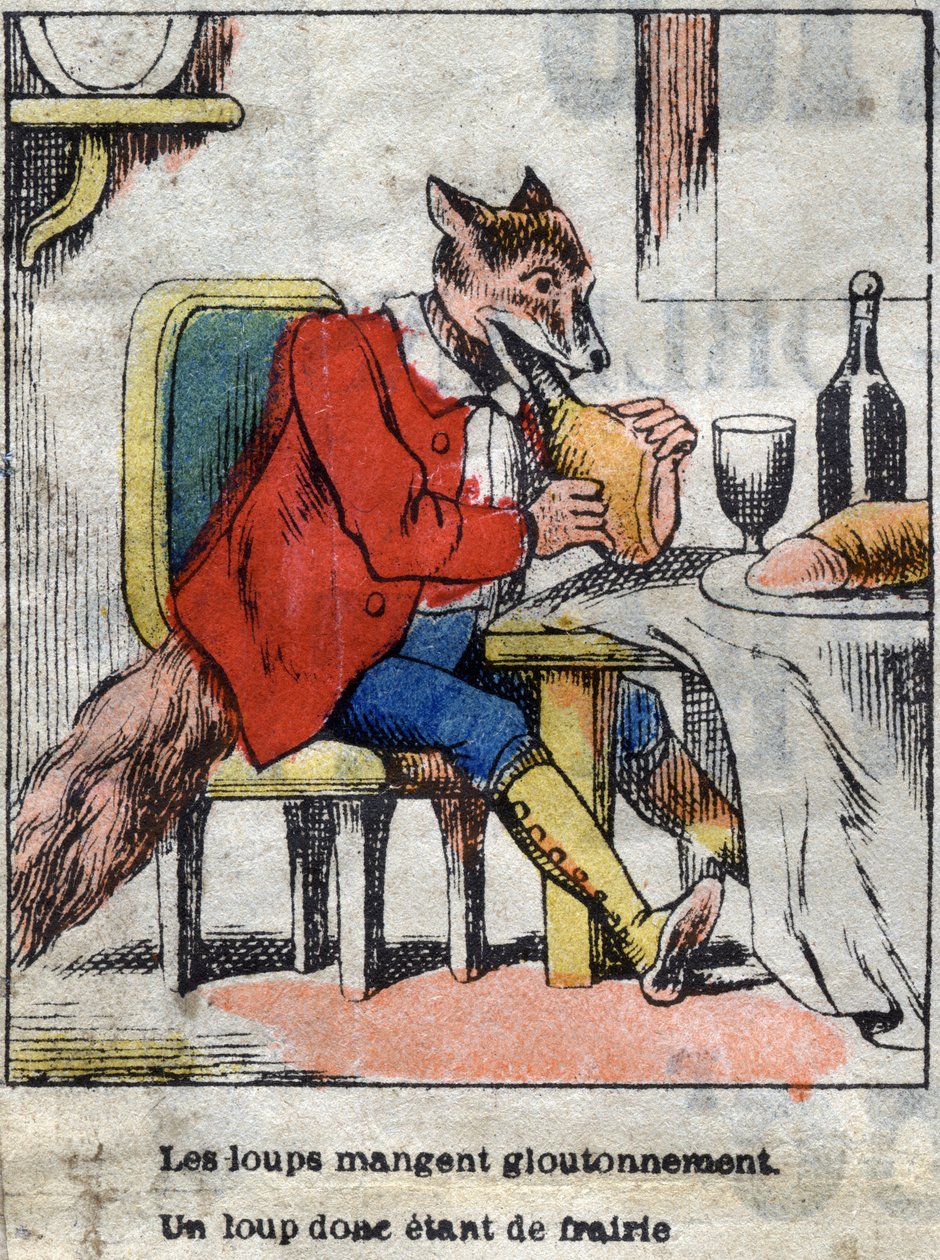 O lobo e a cegonha. Fábulas de Jean de La Fontaine (1621-95). Imagens epinais do final do século XIX. de French School