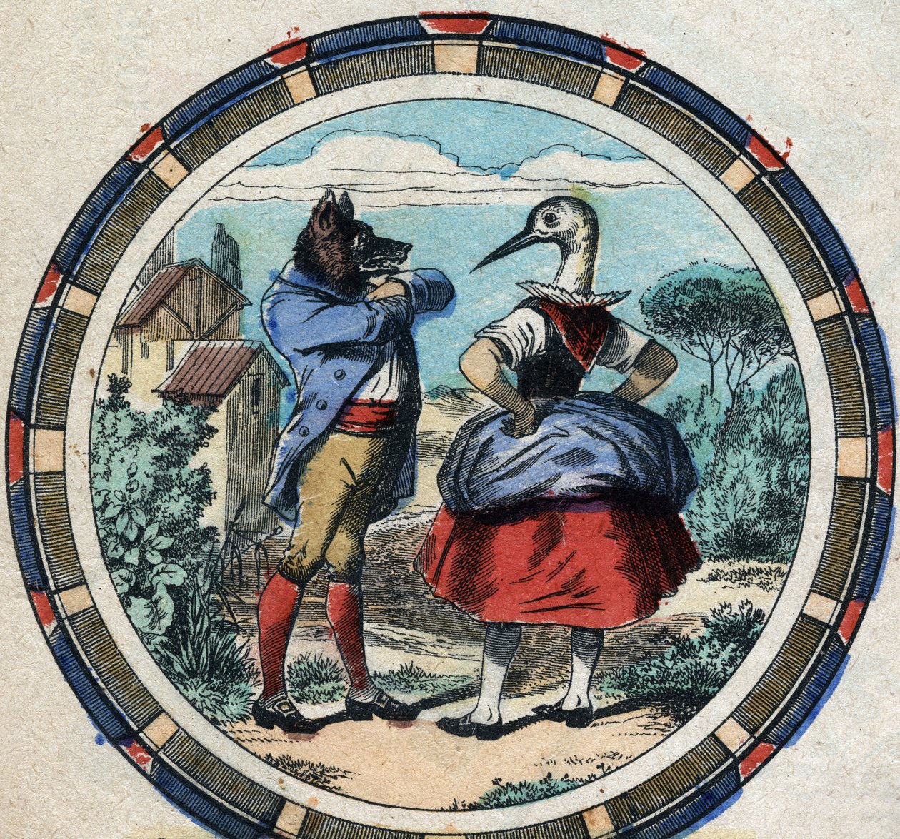 O lobo e a cegonha. Fábulas de Jean de La Fontaine (1621-95). Imagens epinais do final do século XIX. de French School