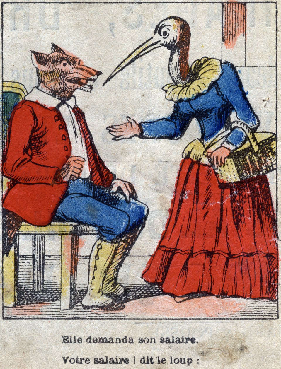 O lobo e a cegonha. Fábulas de Jean de La Fontaine (1621-95). Imagens epinais do final do século XIX. de French School