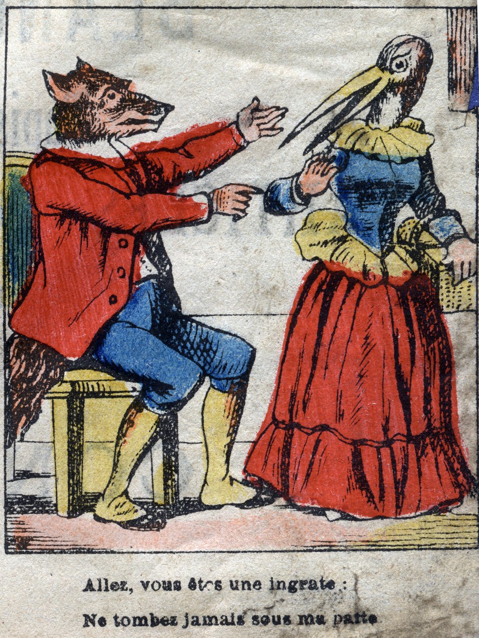 O lobo e a cegonha. Fábulas de Jean de La Fontaine (1621-95). Imagens epinais do final do século XIX. de French School
