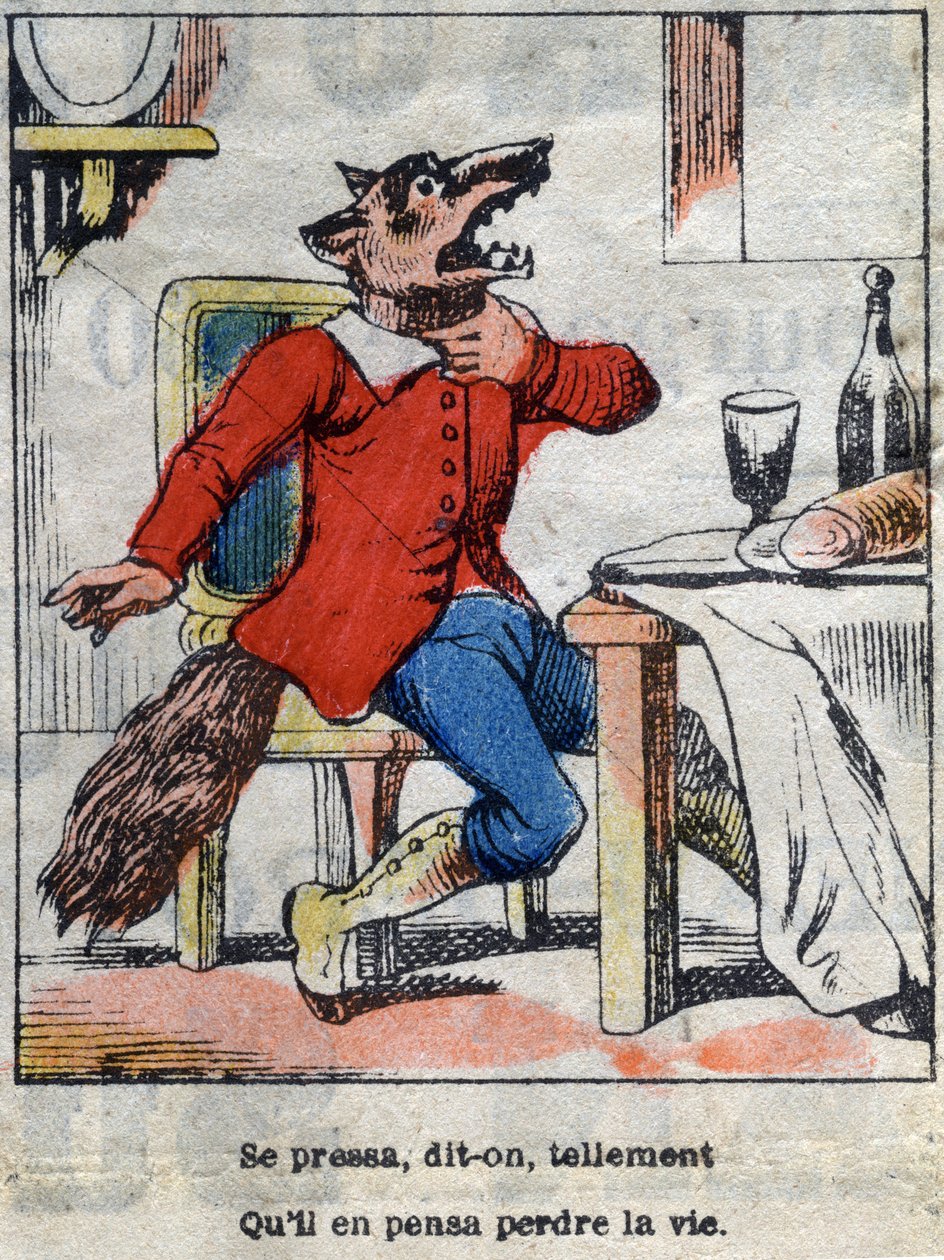 O lobo e a cegonha. Fábulas de Jean de La Fontaine (1621-95). Imagens epinais do final do século XIX. de French School
