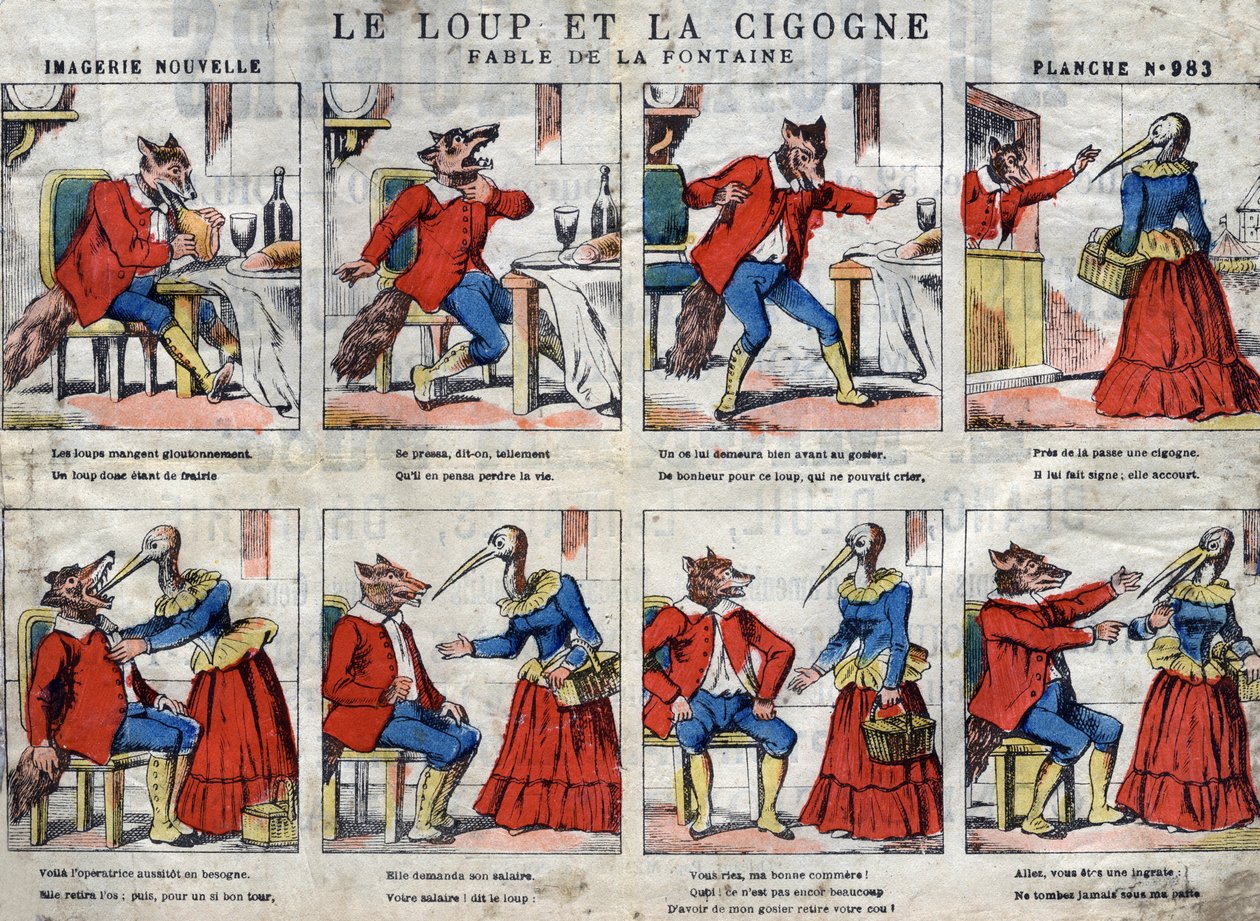 O lobo e a cegonha. Fábulas de Jean de La Fontaine (1621-95). Imagens epinais do final do século XIX. de French School