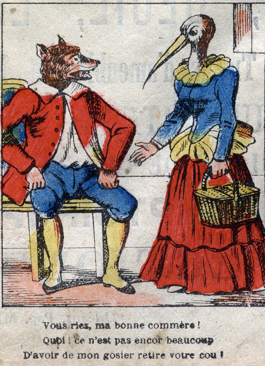 O lobo e a cegonha. Fábulas de Jean de La Fontaine (1621-95). Imagens epinais do final do século XIX. de French School
