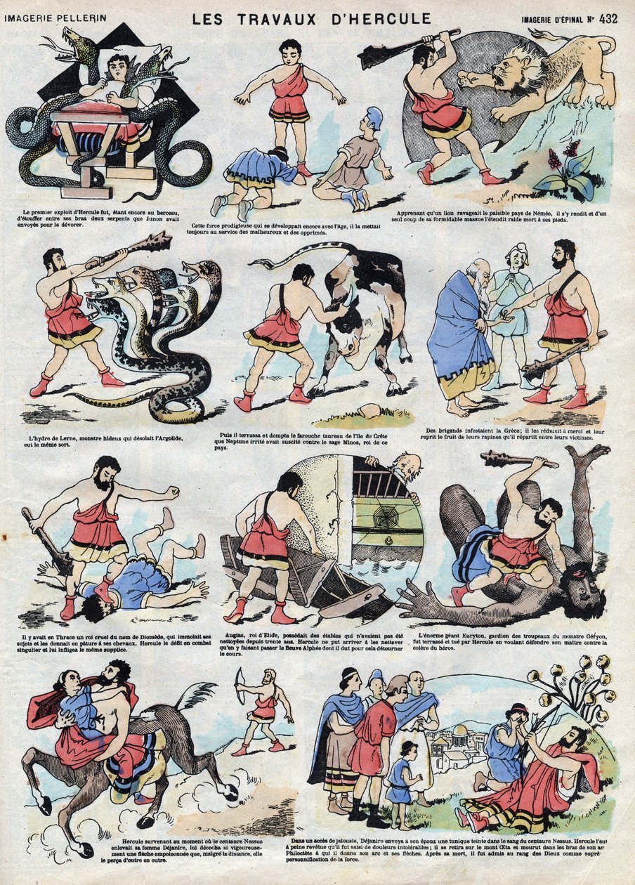 As obras de Hércules (Heracles). Na mitologia romana e grega, Hércules é um herói: ainda criança, sufoca duas cobras com as mãos nuas na cama e põe a sua força ao serviço dos infelizes, derrota o leão de Nemee com o seu taco, mata o Hyd de French School