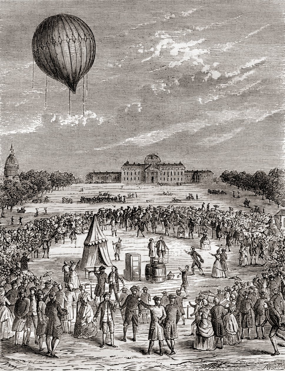 O primeiro balão de hidrogénio do mundo, lançado sobre os Champs de Mars, Paris, França, em 1783, de Les Merveilles de la Science, publicado c.1870 (gravura) de French School