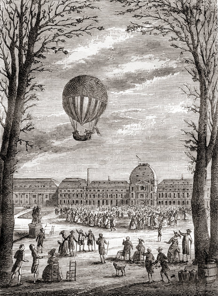 O primeiro voo tripulado de um balão de hidrogénio sobre os Campos de Marte, Paris, França, em 1 de dezembro de 1783, pilotado por Nicolas-Louis Robert e pelo professor Jacques Charles, de Les Merveilles de la Science, publicado por volta de 1870 (gravura) de French School