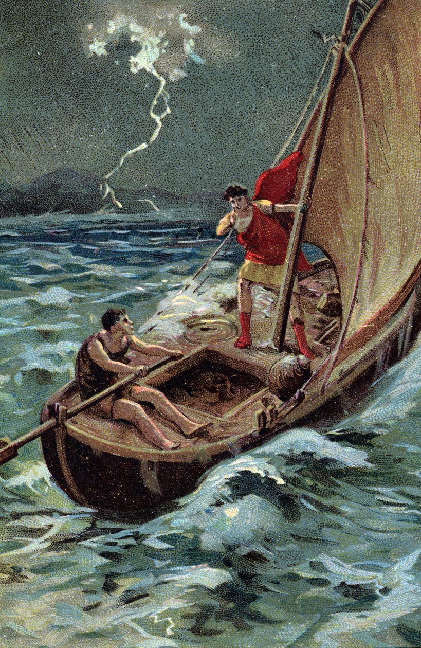 O jovem Júlio César (100-44 AC) atravessa corajosamente o mar Adriático para se juntar à Dalmácia avança corajosamente apesar da tentação, confiante na sua boa estrela e destino (Jovem Júlio César (100-44 AC) atravessa corajosamente o mar Adriático no seu  de French School