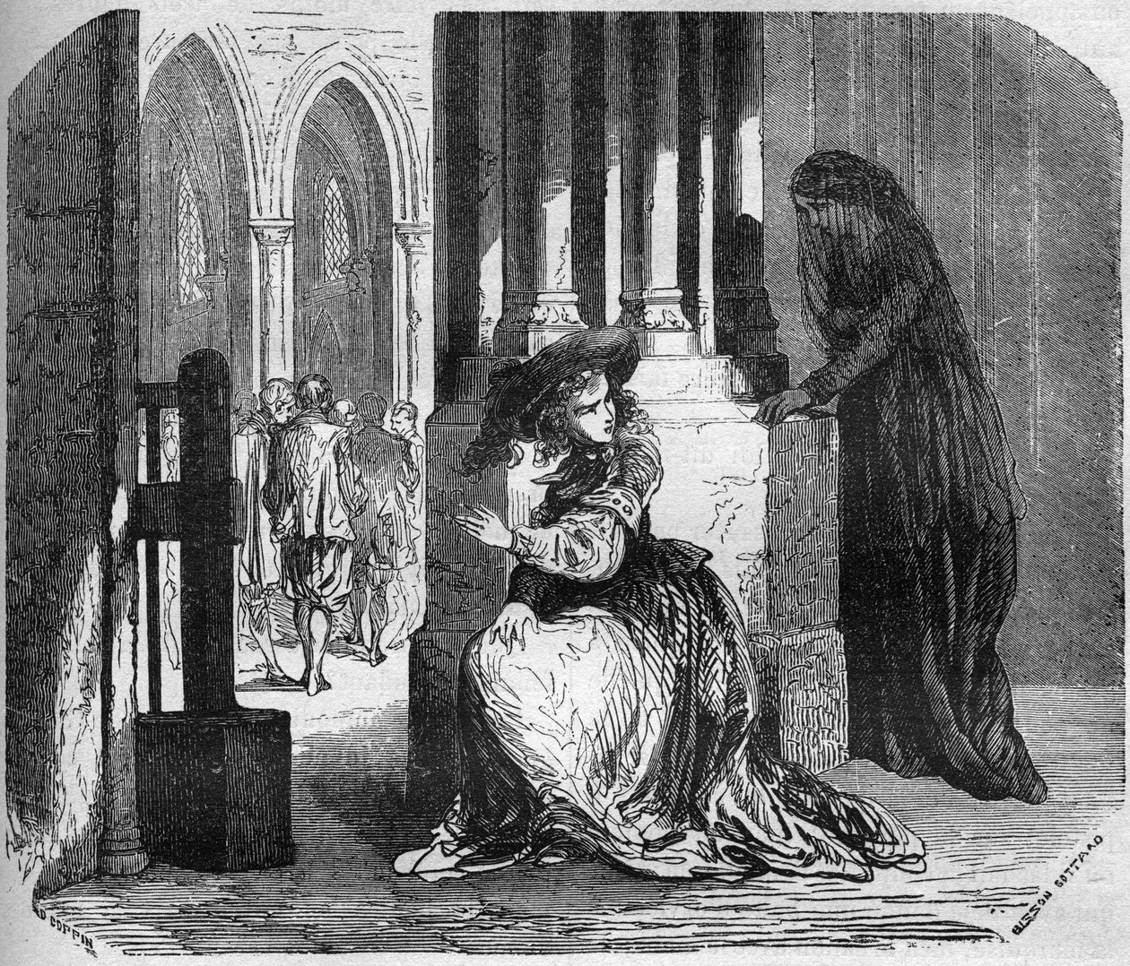 A jovem Madeleine de la Palude (Madeleine de Demandols), no século XVII, possuída por um demónio, conseguiu atrair os religiosos pela única beleza dos seus olhos. Ela foi trancada no convento de Ursuline. Gravura em "A história da prostituição e de de French School