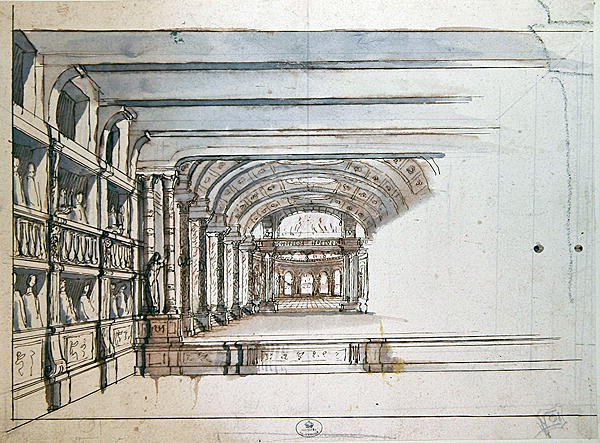 Palco de teatro e auditório com caixas, finais do século XVII (caneta e tinta e lavagem sobre papel) de French School