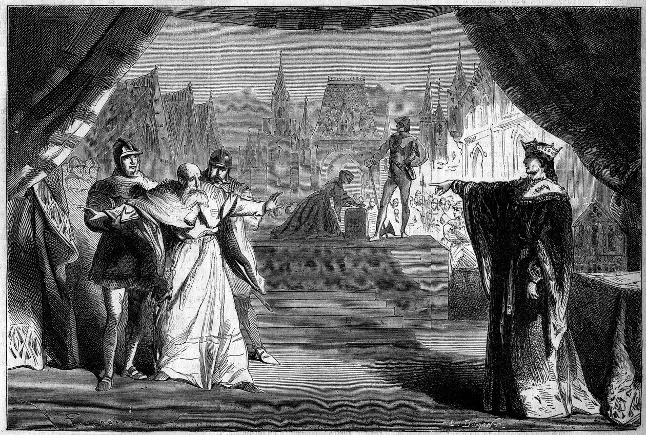 Representação teatral: Acto II cena sete de "A Filha do Juiz Franc" de Adolphe Carcassonne (1826-1891). Teatro de Marselha de French School