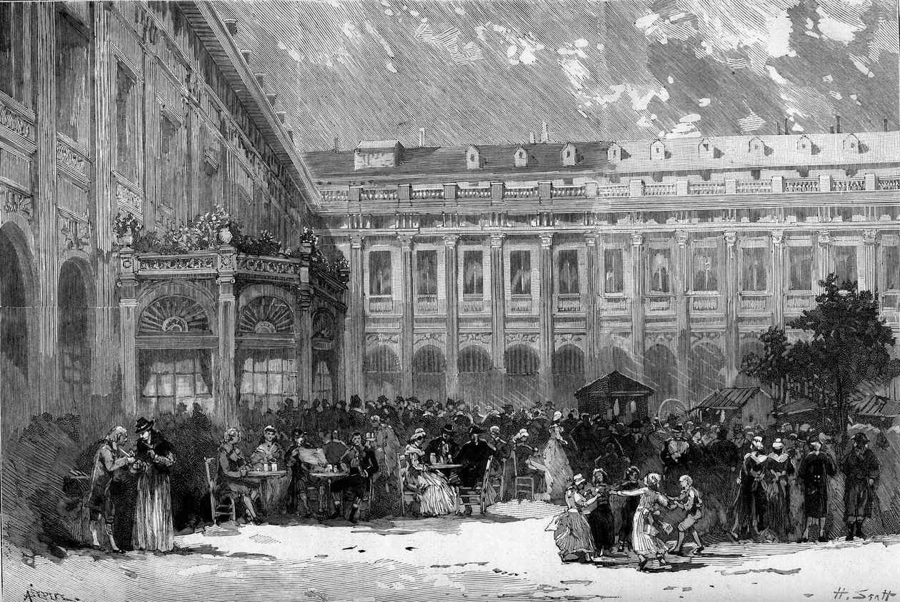 Representação teatral: "Charlotte Corday" de François Ponsard (1814-1867). Cena do Acto 3: Charlotte Corday no jardim do Palácio Real. Paris, Teatro de l
