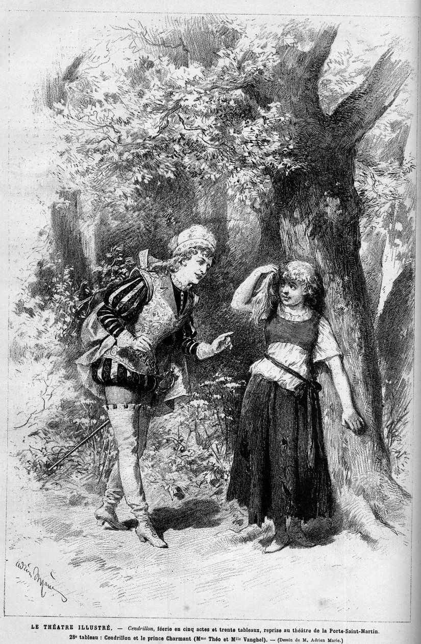 Representação teatral: Cinderela e o Príncipe Encantado interpretada por Mme Theo e Melle Vanghel para a peça "Cendrillon" de Clairville (Louis Francois Nicolaie de French School