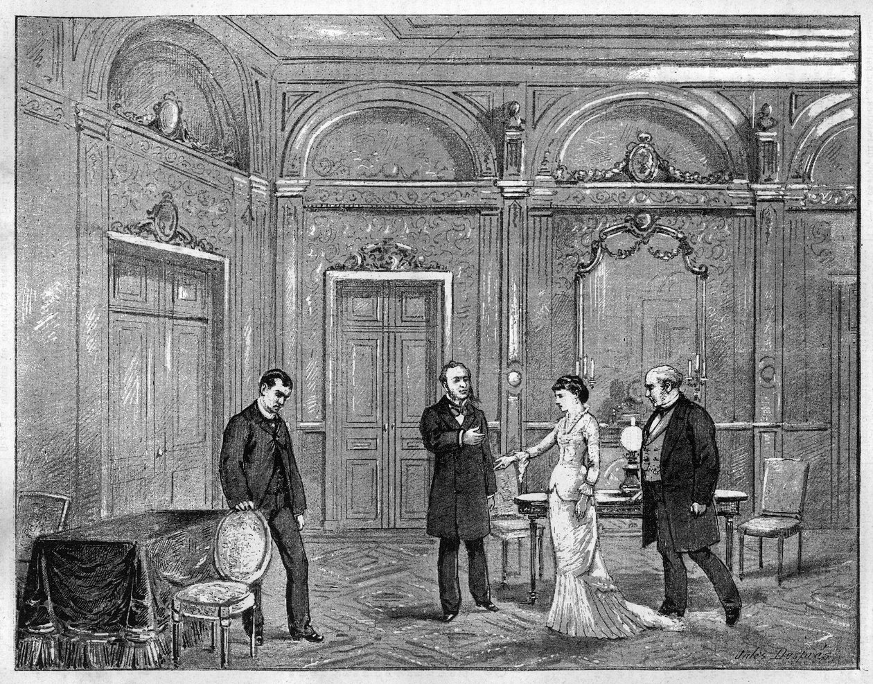 Representação teatral: "Jean Beaudry" de Auguste Vacquerie (1819-1895). 4º ato. Paris, Teatro Francais (Comedie Francaise). Gravura de 1880 em "La republique illustree" coleção particular. de French School