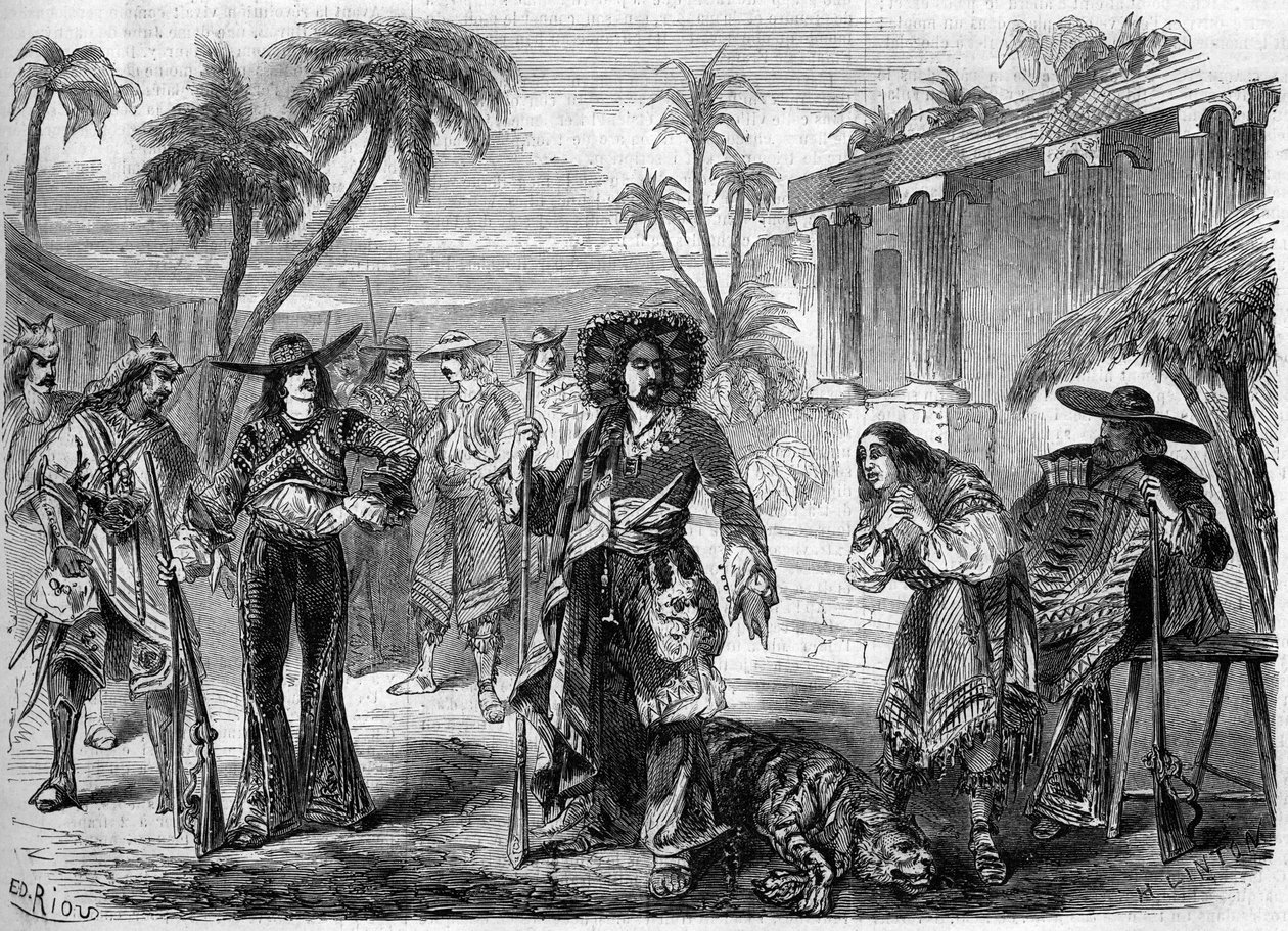 Representação teatral de "Les Pirates de la Savane" (primeiro ato, terceiro quadro) de Auguste Anicet Bourgeois (1806-1871) e Ferdinand Dugue. Paris, Teatro de la Gaite de French School