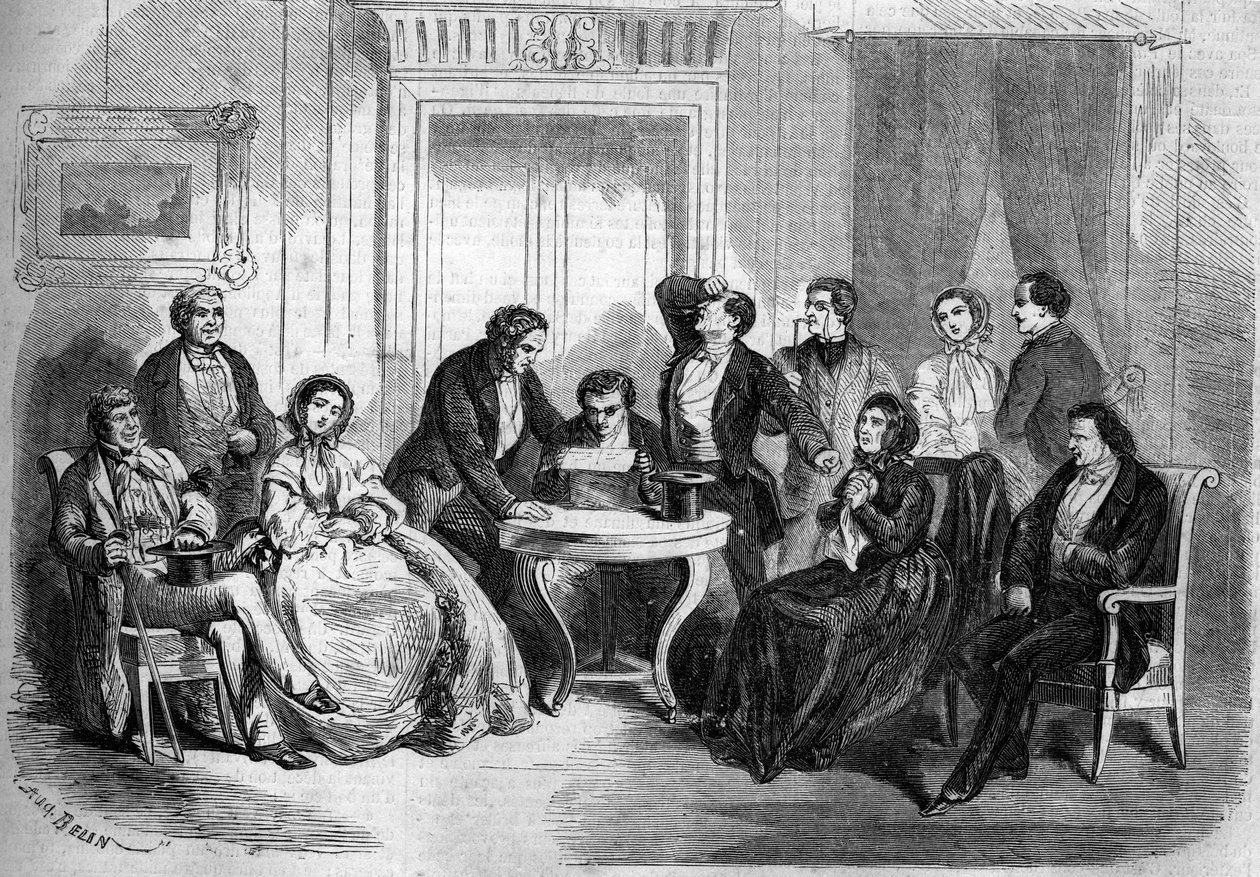 Representação teatral do "Testamento de César Girodot" (cena da leitura do testamento, Acto I) de Adolphe Belot (1829-1890) e Edmond Villetard. Paris, Teatro Imperial de l