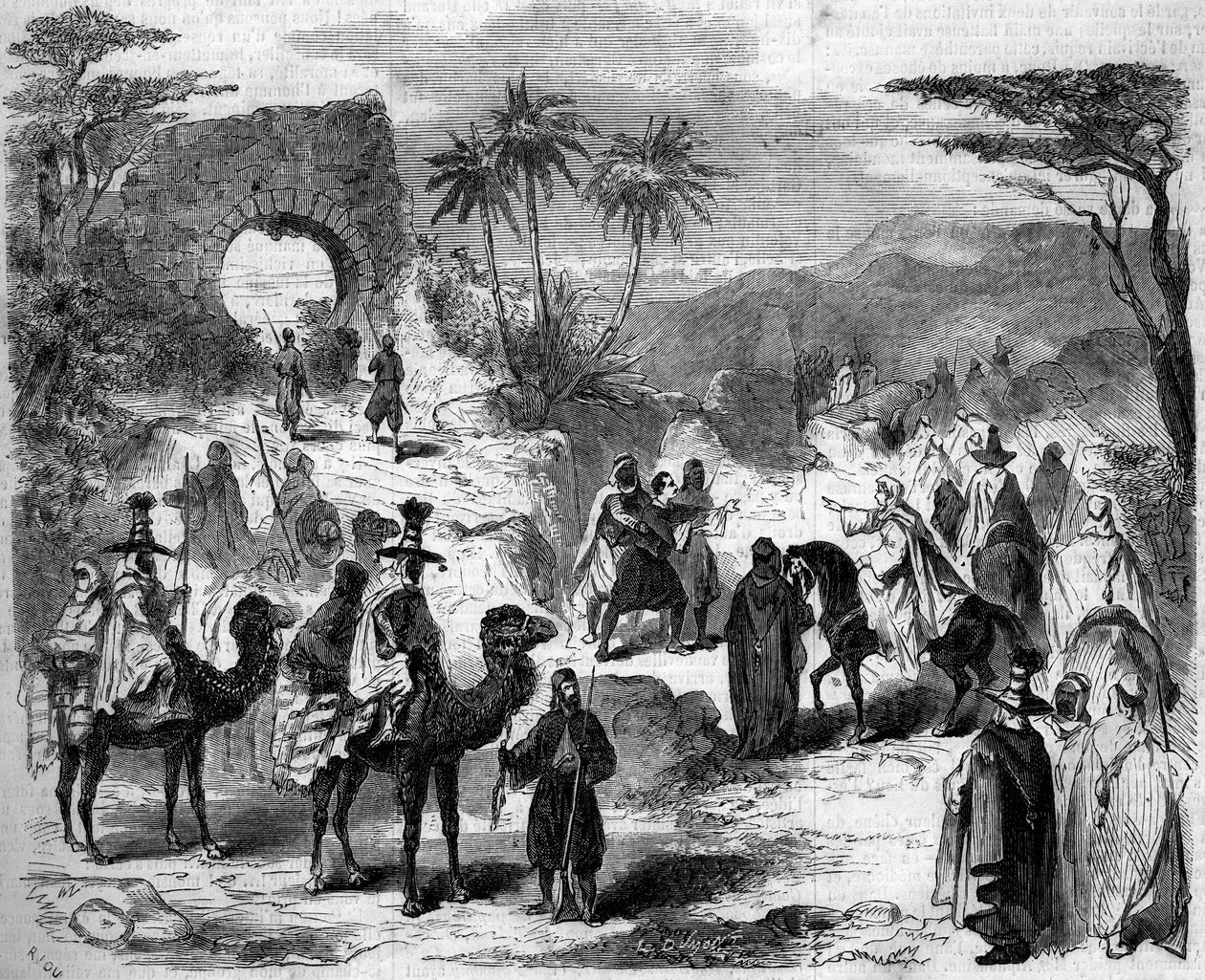 Representação teatral: a caravana, cena do primeiro ato dos "massacres da Síria" de Victor Sejour (1816? -1874). Paris, Teatro Imperial du Cirque de French School