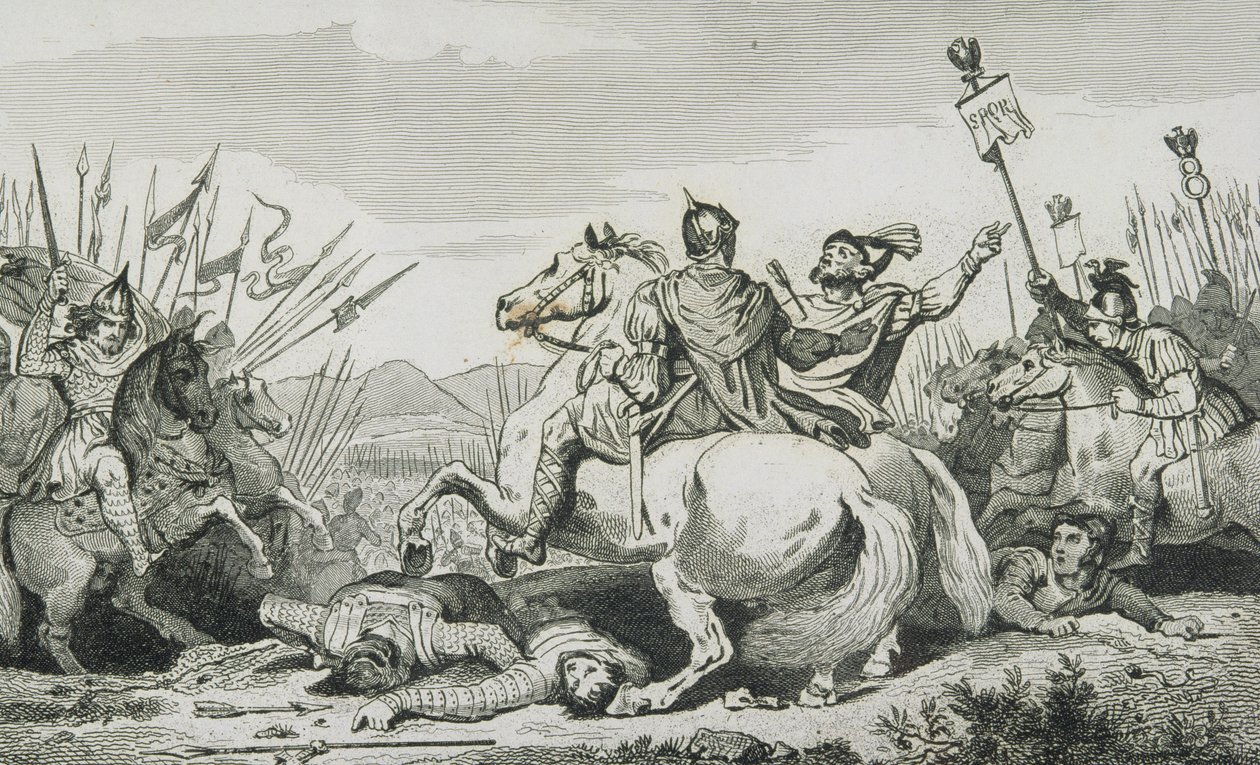 Teodorico é morto em batalha contra Átila, perto de Chalons, de &39;Histoire de France&39; por Colart, publicado em 1840 de French School