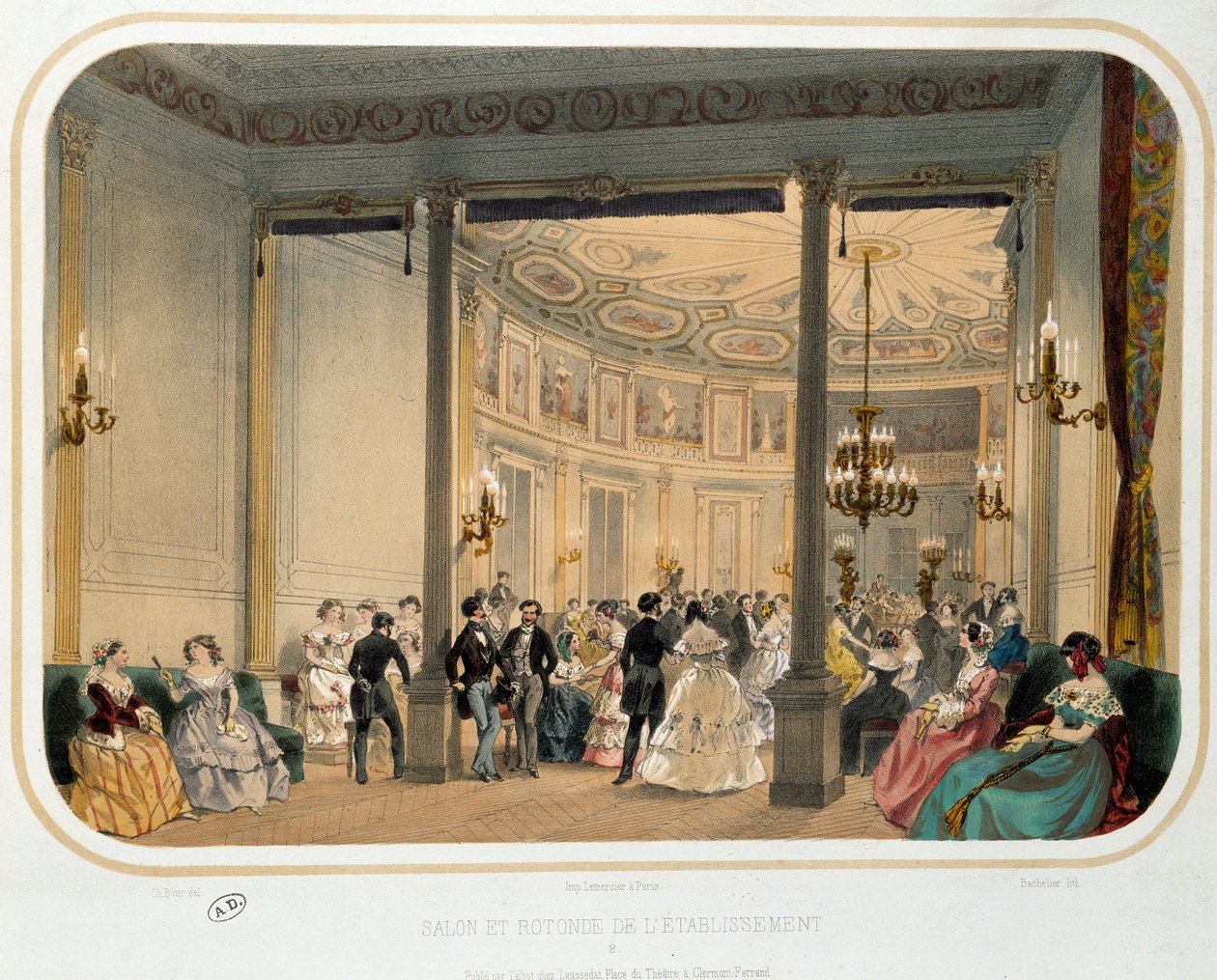 Termalismo: "Salão e rotunda de um estabelecimento em Vichy no momento de uma recepção mundana". Litografia de Paris do século XIX. Artes Decorativas de French School