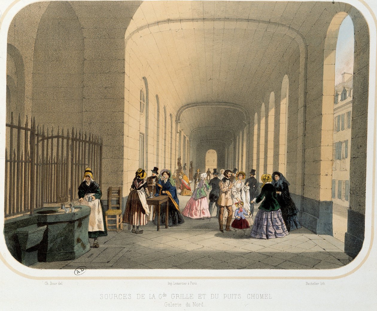 Termalismo: "vista da fonte da grande rede e do poço Chomel, galeria do norte" Litografia de Paris do século XIX. Artes Decorativas de French School