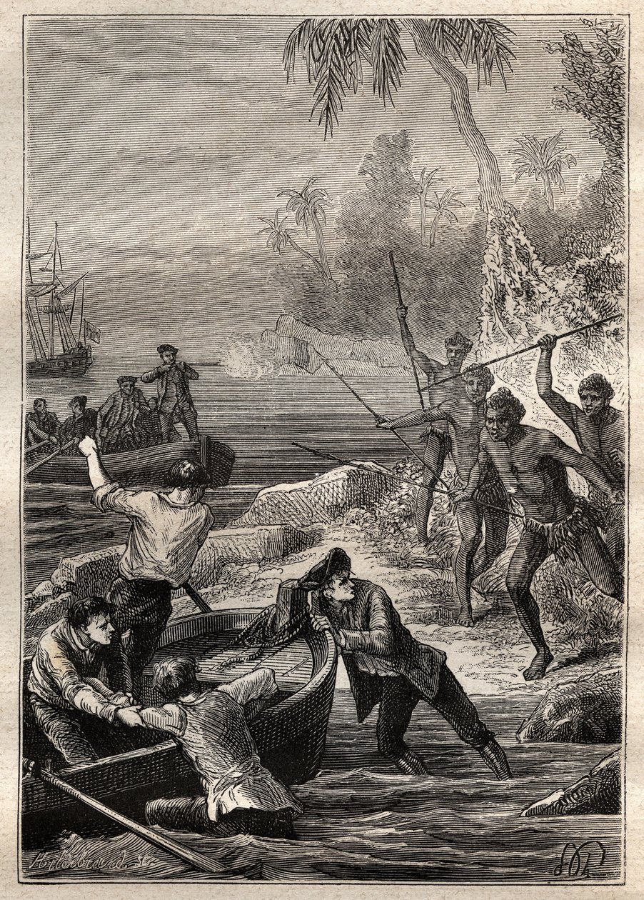 Estes foram fornecidos tão perto A viagem do Capitão James Cook (1728-1779) à Nova Zelândia em 1769 - os naturais da Nova Zelândia atacam a tripulação do Cook na sua aproximação à costa - ilustração retirada de "Os Grandes Marinheiros do Século XVIII" de French School