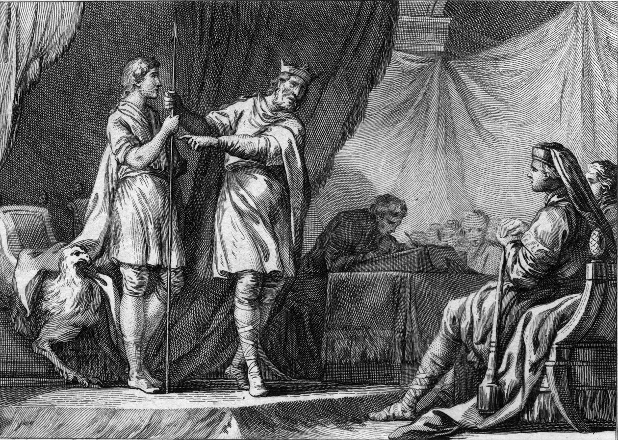 Thibaut I (Theodebald, ca. 535-555), rei da Austrália, rejeitando a oferta dos embaixadores do imperador bizantino Justiniano de abandonar a defesa dos ostrogodos e de se juntar ao Império. Gravura do século XVIII. de French School