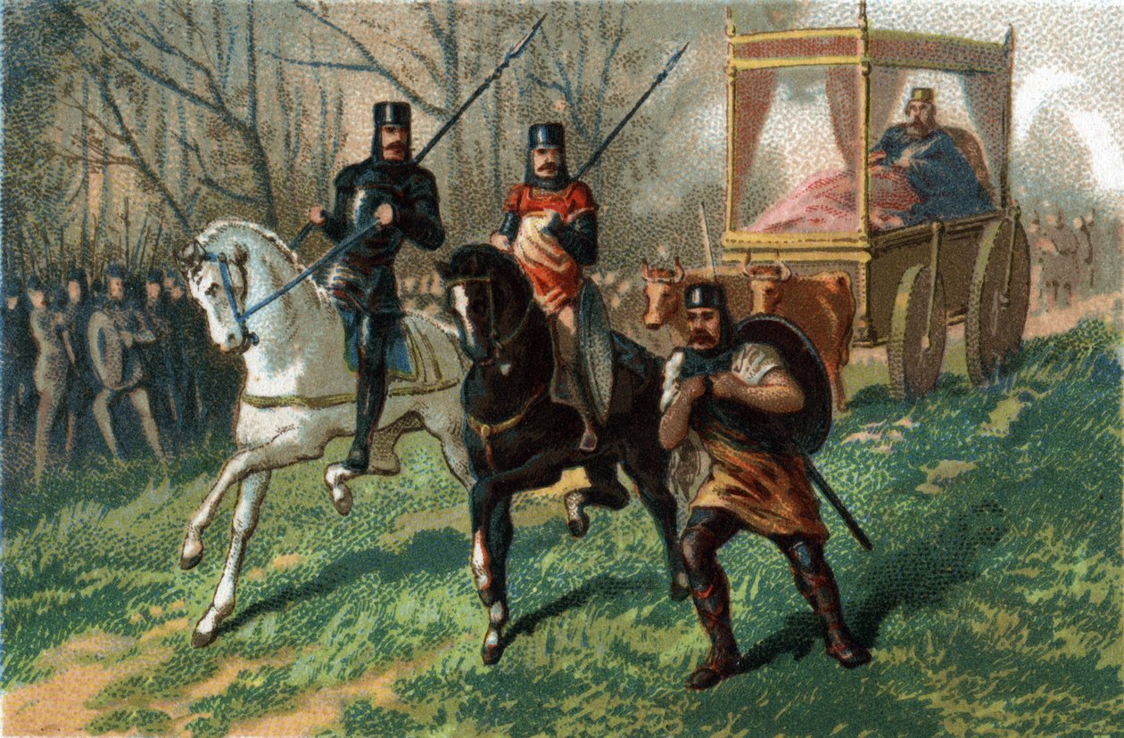 Thierry III diz que o rei Faineant de 673a 691 caminha por Paris em sua carruagem baleada por bois. Cromolitografia por volta de 1890. de French School