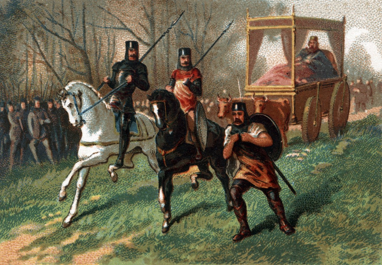 Thierry I ( - 533), Rei da Austrália em uma carroça arrastada por bois. Cromolitografia do final do século XIX. de French School