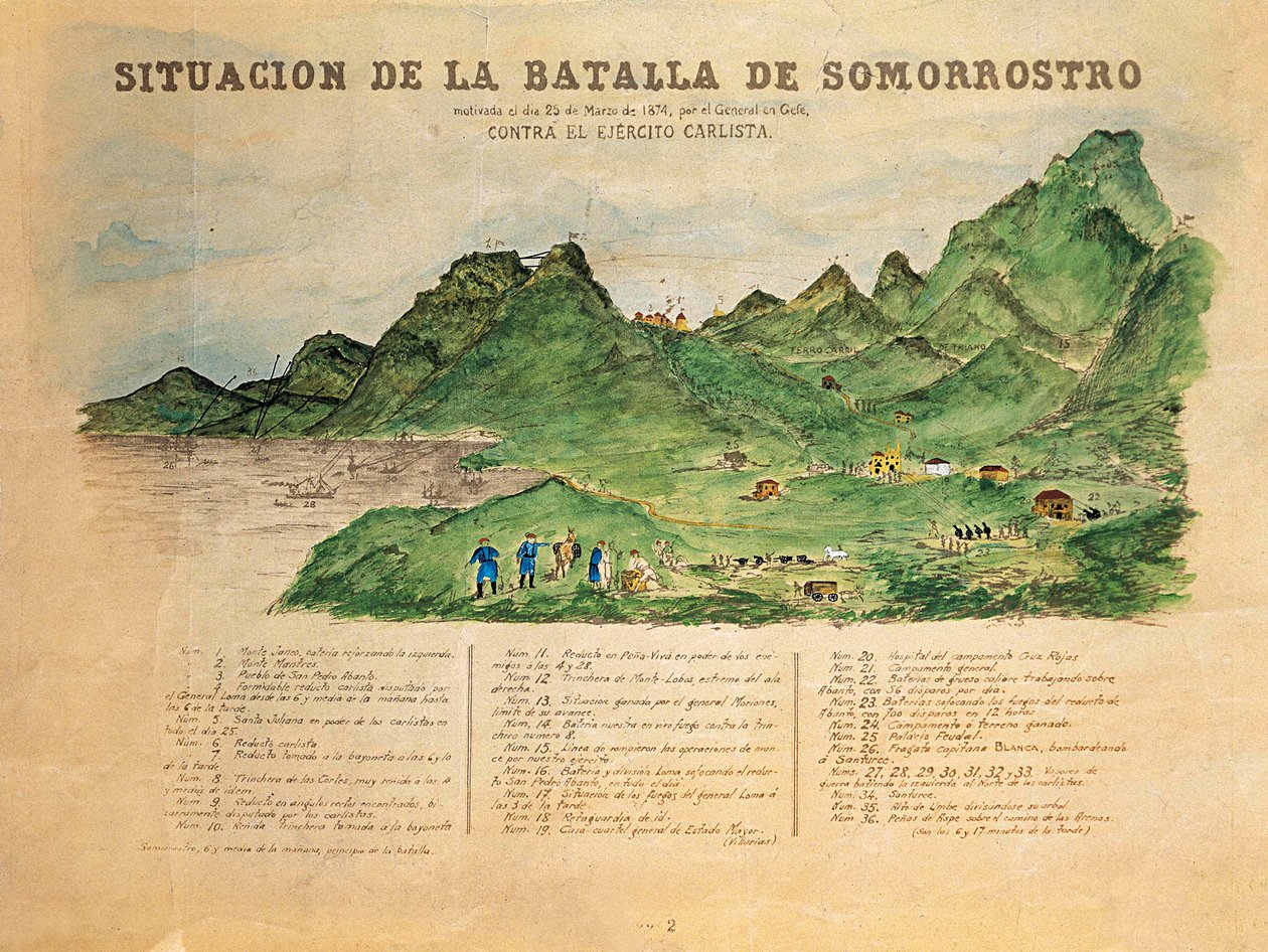 Terceira Guerra de Carlist (1872-1876): descrição da Batalha de Somorrostro no País Basco em 25/03/1874 (gravura) de French School