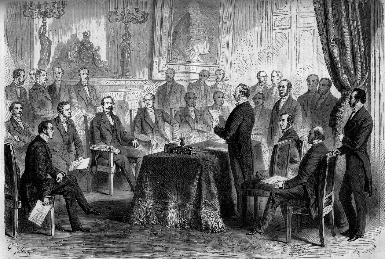Terceira República: reunião do Conselho de Estado nas Tuileries, na presença de Napoleão III (1808-1873) e do Barão Eugene Georges Haussmann, prefeito de Paris (1809-1891). Gravura no "Le Monde Illustré" n°291 de 8 de Novembro de 1862. de French School