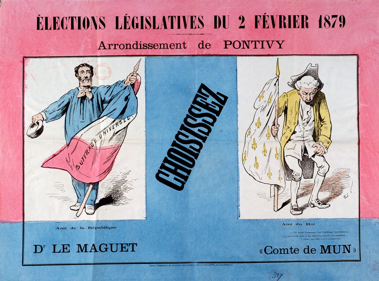 Terceira República: cartaz para as eleições legislativas de 2/02/1879 no município de Pontivy (Morbihan). Paris. Museu do Cartaz e da Publicidade de French School