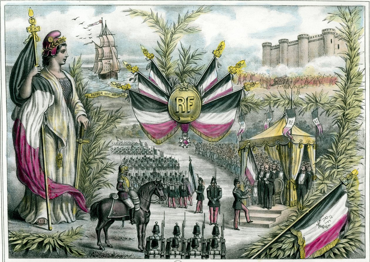 Terceira República: a República triunfante preside à Grande Festa Nacional de 14/07/1880 na Place de la Bastille. O 14 de julho torna-se a festa nacional da França e a bandeira tricolor é adoptada. Gravura de cerca de 1880 Coleção particular de French School