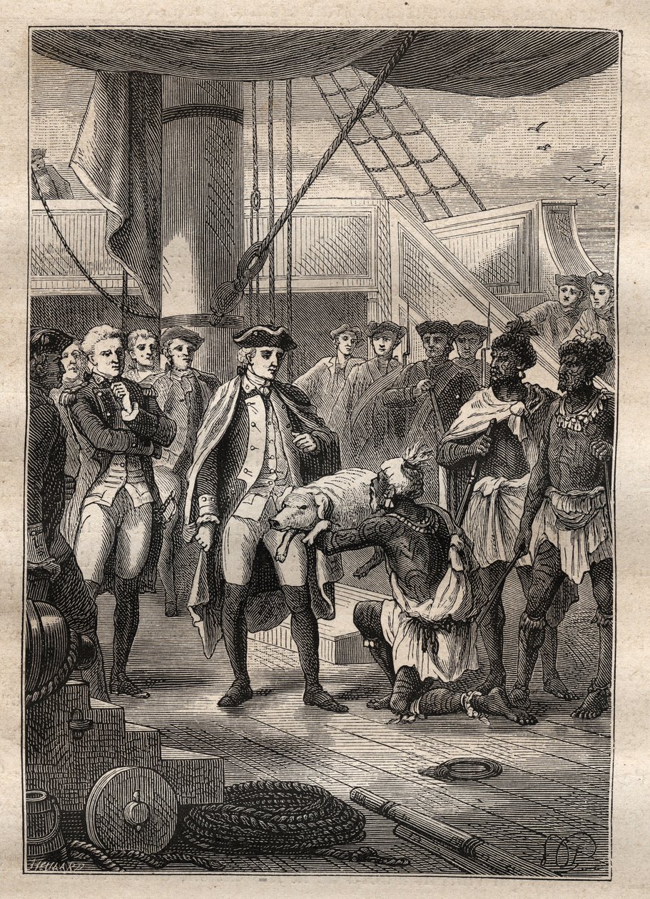 Terceira viagem de James Cook - Deram-lhe um porquinho - apresentaram-lhe um porquinho - Terceira viagem de James Cook no Oceano Pacífico - ilustração tirada de "Os Grandes Marinheiros do Século XVIII" por Jules Verne de French School