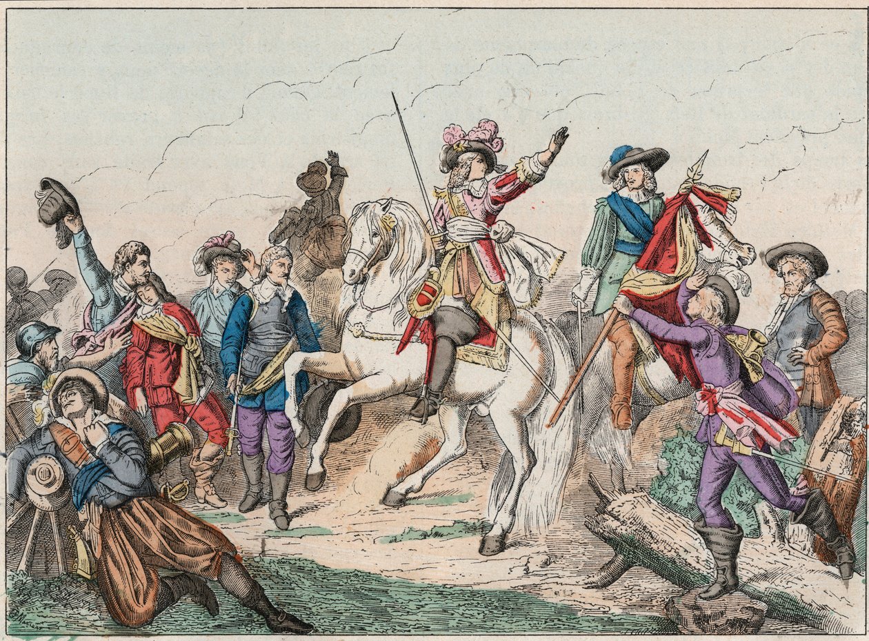 Guerra dos Trinta Anos (1618-1648): Príncipe Luís II de Bourbon Conde (Bourbon-Conde), conhecido como o Grande Conde (1621-1686), Duque de Enghien, saudando o cadáver do Conde de Fontaine na Batalha de Rocroi (Rocroy) contra os espanhóis, 19 de maio de French School
