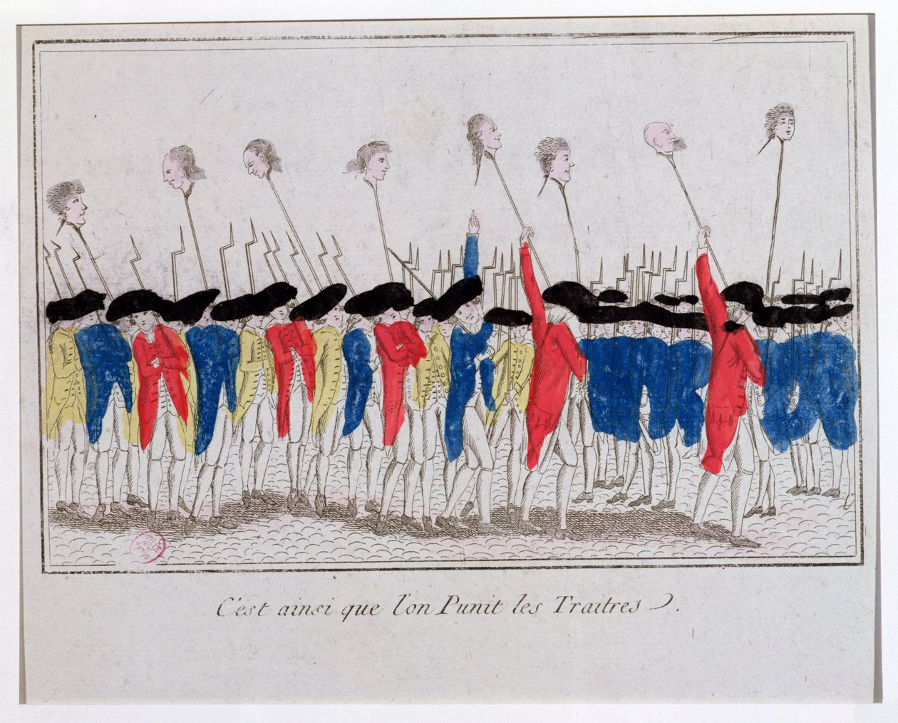 É assim que os traidores são punidos, sans culottes carregando as cabeças do guilhotinado, 1789 de French School