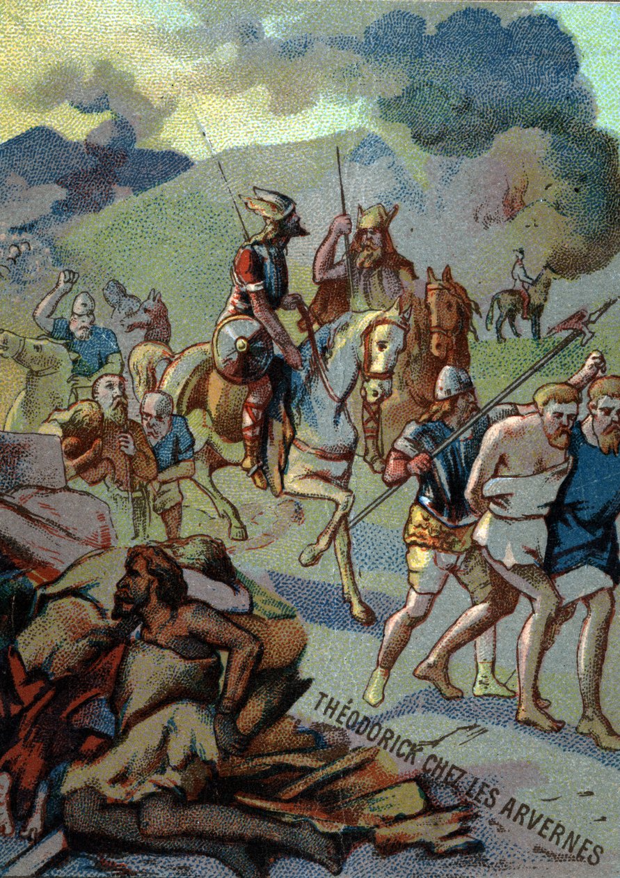 Théoderick, filho mais velho de Clovis, no Arvernes (Auvergne) (532-533). Cromolitografia da série "Educação Patriótica pela Imagem". de French School