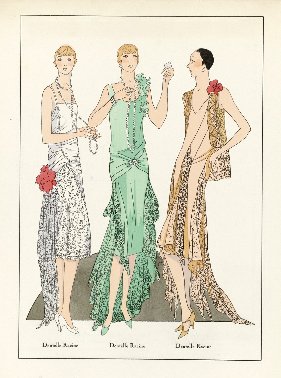 Three Designs for Lace Dresses, pub.c1923 (impressão em pochoir) de French School