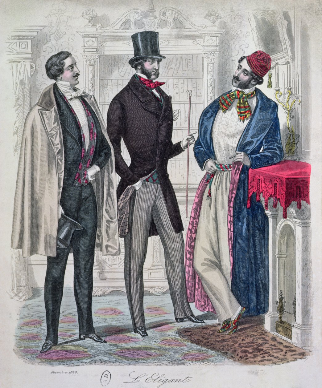 Três jovens elegantes, dezembro de 1848 (gravura a cores) de French School