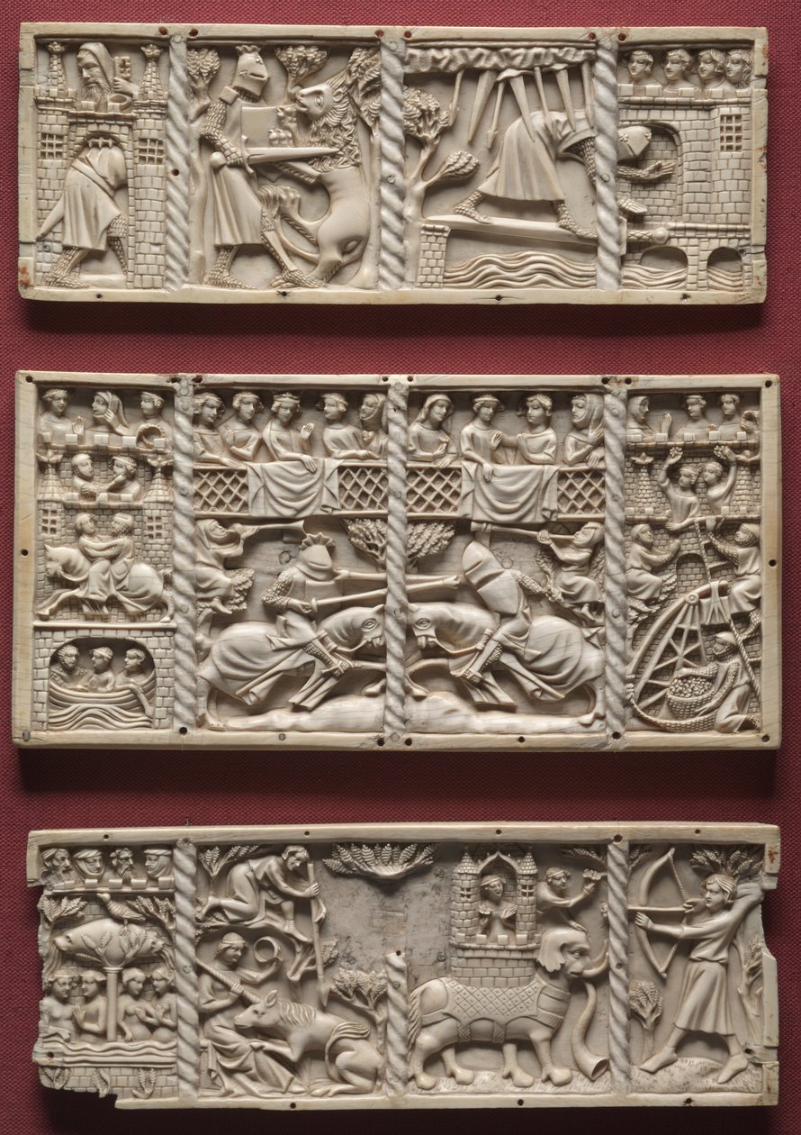 Três painéis de um caixão com cenas de romances da corte, c.1330-1350 de French School