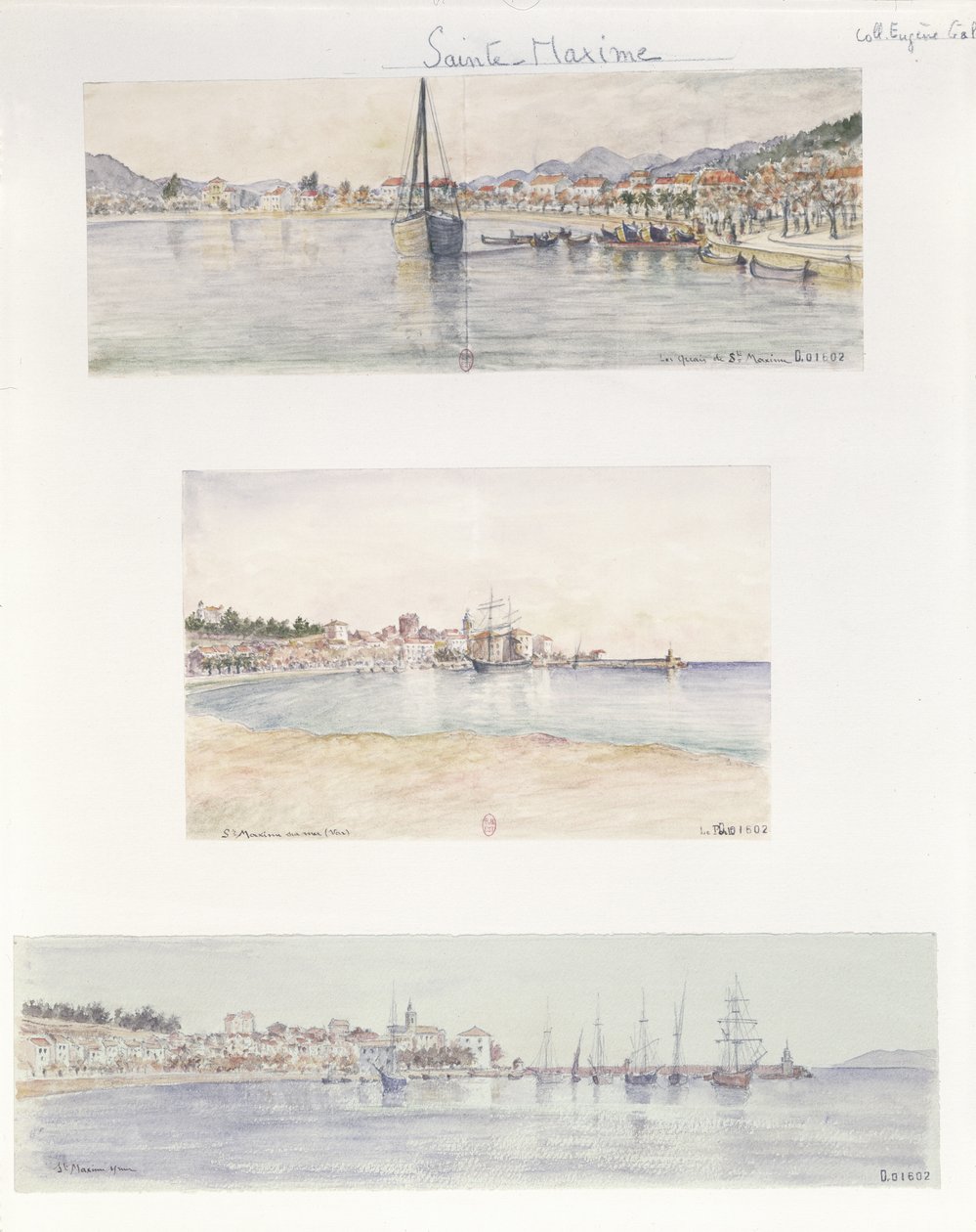 Três vistas de Sainte Maxime (aguarela sobre papel) de French School